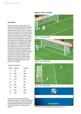 Goal-line technology138
Angle 1 : but ? (Caméra GLT)
Angle 2 : but ? (Caméra GLT)
Angle 3 : but ? (Caméra GLT)
Conﬁrmation de la technologie sur la ligne de but : but !
Les matches
Cette technologie sur la ligne de but s’est
avérée être un outil précieux pour les arbitres,
et a donc été un grand succès. Par trois fois
elle les a aidés à valider un but sur une action
litigieuse, la première fois lors du match entre
la France et le Honduras, où même les ralentis
montrés à la télévision ne permettaient pas
de déterminer si le ballon avait ou non franchi
la ligne. Lors du deuxième cas, entre l’Italie
et le Costa Rica, les arbitres ont conﬁé que la
technologie les avait indubitablement aidés
étant donné qu’ils ne disposaient pas d’un
bon angle de vue sur cette action, masqués
qu’ils étaient par le gardien de but italien.
Le troisième cas est survenu lors de la demi-
ﬁnale entre les Pays-Bas et l’Argentine. Les
arbitres ont là encore été aidés par le système
car le ballon roulait encore après un tir au
but stoppé par le gardien argentin et est
venu mourir sur la ligne. En sept occasions,
le système a permis de conﬁrmer à l’écran
la décision de l’arbitre grâce aux ralentis
spéciaux (cf. encadrés).
Ralentis à la télévision
Match Équipe A Équipe B
4 CHI AUS
10 FRA HON
17 BRA MEX
23 URU ENG
24 ITA CRC
44 BIH IRN
47 KOR BEL
51 NED MEX
53 FRA NGA
Chacun des 171 buts inscrits (penalties y
compris) a correctement reconnu et signalé sur
la montre des arbitres. Les arbitres se sont dits
très satisfaits de l’efﬁcacité de la technologie
et de l’aide qu’elle leur a offert durant les
matches.
Match 10 : France – Honduras
 