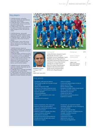 Statistics and team dataTeam data 251
Key points
Coaching staff
CASELLATO Renzo (Assistant Coach)
PIN Gabriele (Assistant Coach)
DI PALMA Vincenzo (Goalkeeper Coach)
PRANDELLI Nicolo (Physical Trainer)
VENTURATI Giambattista (Physical Trainer)
CASTELLACCI Enrico (Team Doctor)
GATTESCHI Luca (Team Doctor)
BALOTTA Giorgio (Physiotherapist)
ESPOSITO Aldo (Physiotherapist)
PAGNI Antonio (Physiotherapist)
PIETILA John (Physiotherapist)
Average age 27/11
Number of players
playing abroad 3
Disciplinary record
Yellow cards 3
Red cards (indirect) 0
Red cards (direct) 1
PRANDELLI Cesare
19 August 1957
Italy
Head Coach since 2010
• Disciplined, well-organised defence
• Patient build-up play from the back through
the midfield
• Attacks through the middle
• Dangerous at set pieces (attacking corner
kicks, free kicks, special throw-in routines)
• Free-kick specialists
• Influential goalkeeper
• Comfortable in possession when under
pressure
• Experience and composure
• Disziplinierte, gut organisierte Abwehr
• Geduldiger Spielaufbau aus der Verteidigung
über das Mittelfeld
• Angriffsspiel durch die Mitte
• Gefährlich bei eigenen Standardsituationen
(Eckbälle, Freistösse, Einwürfe)
• Freistossspezialisten
• Einflussreicher Torhüter
• Ballsicherheit unter Druck
• Erfahrung und Abgeklärtheit
• Défense disciplinée
• Construction patiente depuis l’arrière et
passant par le milieu
• Bonnes attaques axiales
• Dangereux sur balles arrêtées (coups de pied
de coin, coups francs, touches)
• Spécialistes du coup franc
• Gardien de but décisif
• Bonne gestion du pressing adverse
• Expérience et sérénité
• Defensa disciplinada y bien organizada
• Paciente armado de juego desde la
retaguardia, pasando por el medio campo
• Ataques por el centro
• Peligrosas jugadas ensayadas (tiros libres,
saques de esquina y de banda)
• Especialistas en tiros libres
• Intervenciones decisivas del guardameta
• Notable dominio del balón bajo presión
• Experiencia e ingenio
Key players
• 1 BUFFON Gianluigi: outstanding
personality, experienced, good defensive
organisation, great reflexes
• 3 CHIELLINI Giorgio: excellent heading
and marking skills, strong in one-on-one
situations in defensive area
• 21 PIRLO Andrea: good vision, determines
the rhythm of the game, great decisive
passes, dangerous shots, free kicks and
crosses
• 1 BUFFON Gianluigi : personnalité
exceptionnelle, grande expérience, bonne
organisation défensive, superbes réflexes
• 3 CHIELLINI Giorgio : excellent jeu de tête
et marquage, efficace dans les duels en
défense
• 21 PIRLO Andrea : bonne vision du jeu,
donne le rythme du match, passes très
précises, dangereux sur ses frappes, coups
francs et centres
• 1 BUFFON Gianluigi: arquero de
personalidad contrastada, gran experiencia
y reflejos felinos; insuperable a la hora de
organizar la zaga
• 3 CHIELLINI Giorgio: muy bueno por alto y
en el marcaje al hombre, es insuperable en
el uno contra uno en la zona defensiva
• 21 PIRLO Andrea: de gran visión de juego,
marca el compás de los encuentros;
destaca por sus pases decisivos, los tiros
entre los tres palos, también de falta
directa, y por los centros medidos
• 1 BUFFON Gianluigi: herausragende Per-
sönlichkeit, erfahren, Organisator der Ab-
wehr, grossartige Reflexe
• 3 CHIELLINI Giorgio: aufsässiger Verteidiger,
sehr kopfball- und zweikampfstark
• 21 PIRLO Andrea: gute Übersicht, bestimmt
den Spielrhythmus, grossartige letzte Pässe,
gefährliche Schüsse, Freistösse und Flanken
 