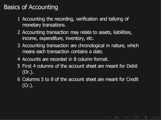 Basics of Accounting
1 Accounting the recording, verification and tallying of
monetary transations.
2 Accounting transaction may relate to assets, liabilities,
income, expenditure, inventory, etc.
3 Accounting transaction are chronological in nature, which
means each transaction contains a date.
4 Accounts are recorded in 8 column format.
5 First 4 columns of the account sheet are meant for Debit
(Dr.).
6 Columns 5 to 8 of the account sheet are meant for Credit
(Cr.).
 