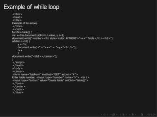Example of while loop
<html>
<head>
<title>
Example of for-in loop
</title>
<script>
function table() {
var x=this.document.tabForm.n.value, y, i=1;
document.write(”<center><h1 style=’color:#FF0000’>”+x+” Table</h1><h2>”);
while(i<=10) {
y = i*x;
document.write(i+” x ”+x+” = ”+y+”<br />”);
i++
}
document.write(”</h2></center>”);
}
</script>
</head>
<body>
<center>
<form name=”tabForm” method=”GET” action=”#”>
Enter table number: <input type=”number” name=”n”> <br />
<input type=”button” value=”Create table” onClick=”table()”>
</form>
</center>
</body>
</html>
 