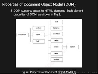 Properties of Document Object Model (DOM)
3 DOM supports access to HTML elements. Such element
properties of DOM are shown in Fig.2.
Figure: Properties of Document Object Model[2]
 