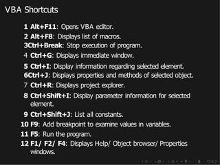 VBA Shortcuts
1 Alt+F11: Opens VBA editor.
2 Alt+F8: Displays list of macros.
3Ctrl+Break: Stop execution of program.
4 Ctrl+G: Displays immediate window.
5 Ctrl+I: Display information regarding selected element.
6Ctrl+J: Displays properties and methods of selected object.
7 Ctrl+R: Displays project explorer.
8 Ctrl+Shift+I: Display parameter information for selected
element.
9 Ctrl+Shift+J: List all constants.
10 F9: Add breakpoint to examine values in variables.
11 F5: Run the program.
12 F1/ F2/ F4: Displays Help/ Object browser/ Properties
windows.
 
