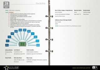 28
Setembro
                                                                                            Quarta-feira

  2011

  15h00 Coffee break e networking                                                                                      Eder	Sá	Alves	Campos	e	Sergio	Barroso        Mauricio	Santos    Ricardo	Araújo

  15h30	 ESTÁDIOS                                                                                                      Diretor-Presidente                           Diretor            Gestão de estagio
              •	   Cases de países que sediaram grandes eventos esportivos                                             Escritório de planejamento Estratégico -     Hype Studio - RS   Novas Arenas
              •	   Tecnologia para construção de estádios
              •	   Cronograma e oportunidades existentes no Brasil                                                     Governo de Minas Gerais
              •	   Estádio Verde
              •	   Oportunidades de Naming Rights
                                                                                                                       Guilherme	Guerra	D´Arriaga	Schmidt
              •	   Stadium Cities – Business que envolvem o funcionamento de um Estádio
              •	   Condições financeiras e parcerias necessárias em cada um das obras                                  Sócio Fundador
              •	   Sustentabilidade para as Arenas esportivas                                                          SVMFA
              •	   Alternativas e metas para o abastecimento energéticos dos estádios
              •	   Gestão de contratos via consórcio para garantir o resultado e partilhar                             18:00h Encerramento do III World Cup Infrastructure Summit
                   os riscos

                                              Manaus     Natal
                                                                    Porto
                                  Fortaleza
                                                                    Alegre

                      Curitiba                                                Recife



                                                                                        Rio de
             Cuiabá
                                                                                       Janeiro




       Brasília                                                                             Salvador




    Belo
                                                                                             São Paulo
  Horizonte




  Jeferson	Werlich               Leon	Myssior                    Danilo	Carvalho
  Enterprise Selling             Coordenador do time             Diretor-presidente da Agência
  GE                             de arquitetos da copa 2014      Estadual da Copa de 2014 do Pantanal


  Grupo	Stadia                   Silvio	Bom	Pastor               Marco	Costa
                                 Gestor de Projeto da Copa       Coordenador de Relações Internacionais e Esportivas
                                 Pernambuco                      SECOPA Bahia




                                                                                                                                                                  www.viex-americas.com.br
 