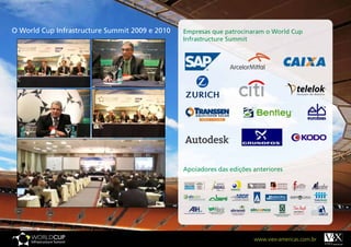 O World Cup Infrastructure Summit 2009 e 2010   Empresas que patrocinaram o World Cup
                                                Infrastructure Summit




                                                Apoiadores das edições anteriores




                                                                       www.viex-americas.com.br
 
