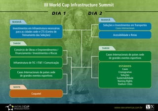 III	World	Cup	Infrastructure	Summit
                                    Dia 1         Dia 2
                                                        MANHÃ
MANHÃ
                                                          Soluções e Investimentos em Transportes
Investimentos em Infraestrutura necessárias                          Cases internacionais
   para as cidades sede e CTS (Centro de
         Treinamento das Seleções)                                Acessibilidade e Rotas

TARDE

                                                          TARDE
 Consórcio de Obras e Empreendimentos /
  Financiamento / Investimentos e Riscos
                                                            Cases Internacionais de países sede
                                                              de grandes eventos esportivos
Infraestrutura de TIC / IT&T / Comunicação
                                                                        EsTáDIOs
                                                                           Cases
    Cases Internacionais de países sede                                Cronogramas
      de grandes eventos esportivos                                       Soluções
                                                                      Sustentabilidade
                                                                       Naming Rights
                                                                       Stadium Cities
NOITE

                 Coquetel



                                                                   www.viex-americas.com.br
 