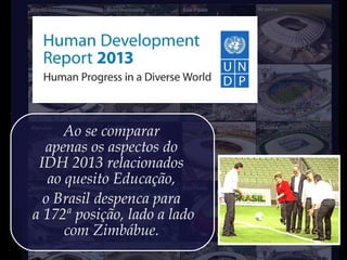 Ao se comparar
apenas os aspectos do
IDH 2013 relacionados
ao quesito Educação,
o Brasil despenca para
a 172ª posição, lado a lado
com Zimbábue.
 