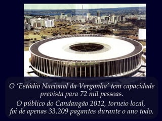 O ‘Estádio Nacional da Vergonha’ tem capacidade
prevista para 72 mil pessoas.
O público do Candangão 2012, torneio local,
foi de apenas 33.209 pagantes durante o ano todo.
 