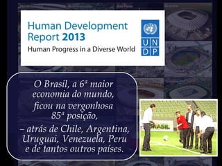 O Brasil, a 6ª maior
economia do mundo,
ficou na vergonhosa
85ª posição,
– atrás de Chile, Argentina,
Uruguai, Venezuela, Peru
e de tantos outros países.
 