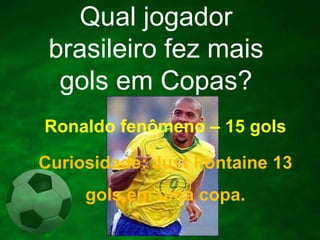 Qual jogador
brasileiro fez mais
gols em Copas?
Ronaldo fenômeno – 15 gols
Curiosidade: Just Fontaine 13

gols em uma copa.

 
