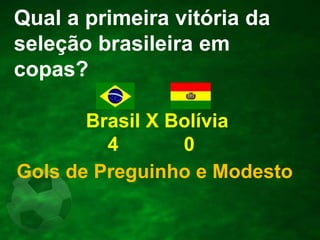 Qual a primeira vitória da
seleção brasileira em
copas?
Brasil X Bolívia
4
0
Gols de Preguinho e Modesto

 