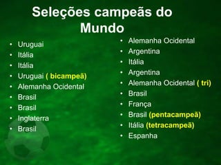 Seleções campeãs do
Mundo
•
•
•
•
•
•
•
•
•

Uruguai
Itália
Itália
Uruguai ( bicampeã)
Alemanha Ocidental
Brasil
Brasil
Inglaterra
Brasil

•
•
•
•
•
•
•
•
•
•

Alemanha Ocidental
Argentina
Itália
Argentina
Alemanha Ocidental ( tri)
Brasil
França
Brasil (pentacampeã)
Itália (tetracampeã)
Espanha

 