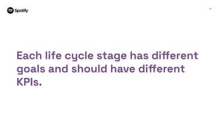 14
Each life cycle stage has diﬀerent
goals and should have diﬀerent
KPIs.
 