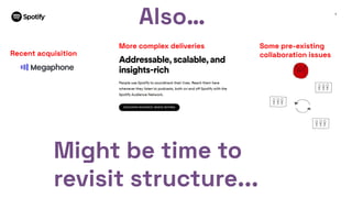 4
Recent acquisition
More complex deliveries Some pre-existing
collaboration issues
Also…
Might be time to
revisit structure...
 