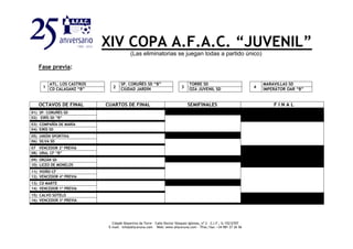 XIV COPA A.F.A.C. “JUVENIL”
(Las eliminatorias se juegan todas a partido único)
Fase previa:
OCTAVOS DE FINAL CUARTOS DE FINAL SEMIFINALES F I N A L
01) SP. CORUÑÉS SDSP.
02) EIRÍS SD “B”
03) COMPAÑÍA DE MARÍA
04) EIRÍS SD
05) UNIÓN SPORTIVA
06) SILVA SD
07 VENCEDOR 2ª PREVIA
08) URAL CF “B”
09) ORZÁN SD
10) LICEO DE MONELOS
11) VIOÑO CF
12) VENCEDOR 4ª PREVIA
13) CD MARTE
14) VENCEDOR 1ª PREVIA
15) CALVO SOTELO
16) VENCEDOR 3ª PREVIA
1
ATL. LOS CASTROS
2
SP. CORUÑÉS SD “B”
3
TORRE SD
4
MARAVILLAS SD
CD CALASANZ “B” CIUDAD JARDÍN OZA JUVENIL SD IMPERÁTOR OAR “B”
Cidade Deportiva da Torre – Calle Doctor Vázquez Iglesias, nº 2 - C.I.F.: G-15212707
E-mail: info@afacoruna.com Web: www.afacoruna.com - Tfno./fax: +34 981 27 26 56
 