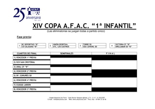 XIV COPA A.F.A.C. “1ª INFANTIL”
(Las eliminatorias se juegan todas a partido único)
Fase previa:
CUARTOS DE FINAL SEMIFINALES F I N A L
1) VENCEDOR 1ª PREVIA
2) SCD SAN CRISTÓBAL
3) URAL CF “B”
4) VENCEDOR 2ª PREVIA
5) SP. CORUÑÉS SD
6) VENCEDOR 4ª PREVIA
7) CIUDAD JARDÍN
8) VENCEDOR 3ª PREVIA
1
RC DEPORTIVO “B”
2
UNIÓN SPORTIVA
3
TORRE SD
4
VICTORIA CF “B”
CD CALASANZ “B” ATL. LOS CASTROS OZA JUVENIL SD ORILLAMAR SD “B”
Cidade Deportiva da Torre – Calle Doctor Vázquez Iglesias, nº 2 - C.I.F.: G-15212707
E-mail: info@afacoruna.com Web: www.afacoruna.com - Tfno./fax: +34 981 27 26 56
 