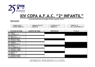 XIV COPA A.F.A.C. “2ª INFANTIL”
(Las eliminatorias se juegan todas a partido único)
Fase previa:
OCTAVOS DE FINAL CUARTOS DE FINAL SEMIFINALES F I N A L
01) VIOÑO CFSP.
02) VICTORIA CF “C”
03) URAL CF “C”
04) IMPERÁTOR OAR “B”
05) DEPORTIVO CIUDAD
06) VENCEDOR 4ª PREVIA
07 CD MARTE
08) IMPERÁTOR OAR “C”
09) SILVA SD
10) SP. CORUÑÉS SD “B”
11) VENCEDOR 1ª PREVIA
12) VENCEDOR 3ª PREVIA
13) ORZÁN SD “B”
14) EIRIS SD
15) COMPAÑÍA DE MARÍA
16) VENCEDOR 2ª PREVIA
1
MARAVILLAS SD
2
MARAVILLAS SD “B”
3
VICTORIA CF “D”
4
TORRE SD “B”
CIUDAD JARDÍN “B” ORZÁN SD MAROLA CF ATL. LOS CASTROS “B”
Cidade Deportiva da Torre – Calle Doctor Vázquez Iglesias, nº 2 - C.I.F.: G-15212707
E-mail: info@afacoruna.com Web: www.afacoruna.com - Tfno./fax: +34 981 27 26 56
 