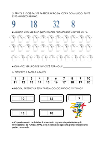 5- TRINTA E DOIS PAÍSES PARTICIPARÃO DA COPA DO MUNDO. PINTE
ESSE NÚMERO ABAIXO:
■ AGORA CIRCULE ESSA QUANTIDADE FORMANDO GRUPOS DE 10.
■ QUANTOS GRUPOS DE 10 VOCÊ FORMOU? ________________________
6- OBSERVE A TABELA ABAIXO:
1 2 3 4 5 6 7 8 9 10
11 12 13 14 15 16 17 18 19 20
■AGORA, PREENCHA ESTA TABELA COLOCANDO OS VIZINHOS:
A Copa do Mundo de Futebol é um evento organizado pela Federação
Internacional de Futebol (FIFA), que mobiliza atenção da grande maioria dos
países do mundo.
10 12 9
16 18
 