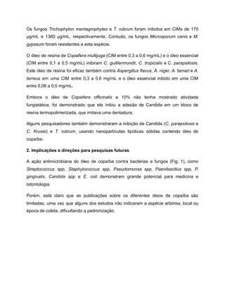 Os fungos Trichophyton mentagrophytes e T. rubrum foram inibidos em CIMs de 170
µg/mL e 1360 µg/mL, respectivamente. Contudo, os fungos Microsporum canis e M.
gypseum foram resistentes a esta espécie.
O óleo de resina de Copaifera multijuga (CIM entre 0,3 a 0,6 mg/mL) e o óleo essencial
(CIM entre 0,1 a 0,5 mg/mL) inibiram C. guilliermondii, C. tropicalis e C. parapsilosis.
Este óleo de resina foi eficaz também contra Aspergillus flavus, A. niger, A. tamari e A.
terreus em uma CIM entre 0,3 a 0,6 mg/mL e o óleo essencial inibido em uma CIM
entre 0,08 a 0,5 mg/mL.
Embora o óleo de Copaifera officinalis a 10% não tenha mostrado atividade
fungistática, foi demonstrado que ele inibiu a adesão de Candida em um bloco de
resina termopolimerizada, que imitava uma dentadura.
Alguns pesquisadores também demonstraram a inibição de Candida (C. parapsilosis e
C. Krusei) e T. rubrum, usando nanopartículas lipídicas sólidas contendo óleo de
copaíba.
2. Implicações e direções para pesquisas futuras
A ação antimicrobiana do óleo de copaíba contra bactérias e fungos (Fig. 1), como
Streptococcus spp, Staphylococcus spp, Pseudomonas spp, Paenibacillus spp, P.
gingivalis, Candida spp e E. coli demonstram grande potencial para medicina e
odontologia.
Porém, está claro que as publicações sobre os diferentes óleos de copaíba são
limitadas, uma vez que alguns dos estudos não indicaram a espécie arbórea, local ou
época de coleta, dificultando a padronização.
 