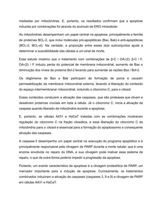 mediadas por mitocôndrias. E, portanto, os resultados confirmam que a apoptose
induzida por combinações foi através do acúmulo de ERO intracelular.
As mitocôndrias desempenham um papel central na apoptose, principalmente a família
de proteínas BCL-2, que inclui moléculas pró-apoptóticas (Bax, Bak) e anti-apoptóticas
(BCL-2, BCL-xl). Na verdade, a proporção entre esses dois subconjuntos ajuda a
determinar a suscetibilidade das células a um sinal de morte.
Esse estudo mostrou que o tratamento com combinações de β-C / OA-(2), β-C / F,
OA-(2) / F induziu perda do potencial de membrana mitocondrial, aumento de Bax e
diminuição dos níveis de proteína Bcl-2 levando para aumentar as razões Bax / Bcl-2.
Os oligômeros de Bax e Bak participam da formação de poros e causam
permeabilização da membrana mitocondrial externa, levando à liberação do conteúdo
do espaço intermembranar mitocondrial, incluindo o citocromo C, para o citosol.
Esses conteúdos conduzem a ativação das caspases, que são proteases que clivam e
desativam proteínas cruciais em toda a célula. Já o citocromo C, inicia a ativação da
caspase quando liberado da mitocôndria durante a apoptose.
E, portanto, as células A431 e HaCaT tratadas com as combinações mostraram
regulação do citocromo C na fração citosólica, e essa liberação do citocromo C da
mitocôndria para o citosol é essencial para a formação do apoptossomo e consequente
ativação das caspases.
A caspase-3 desempenha um papel central na execução do programa apoptótico e é
principalmente responsável pela clivagem de PARP durante a morte celular, que é uma
enzima envolvida no reparo do DNA, e sua clivagem pode inativar esse sistema de
reparo, o que de outra forma poderia impedir a progressão da apoptose.
Portanto, um evento característico da apoptose é a clivagem proteolítica de PARP, um
marcador importante para a indução de apoptose. Curiosamente, os tratamentos
combinados induziram a ativação de caspases (caspases 3, 8 e 9) e clivagem de PARP
em células A431 e HaCaT.
 