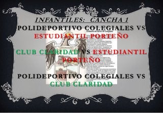 INFANTILES: CANCHA 1
POLIDEPORTIVO COLEGIALES VS
ESTUDIANTIL PORTEÑO
CLUB CLARIDAD VS ESTUDIANTIL
PORTEÑO
POLIDEPORTIVO COLEGIALES VS
CLUB CLARIDAD
 