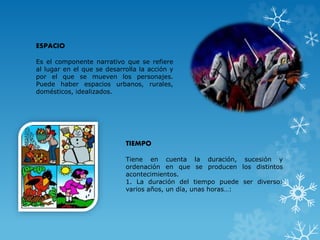 ESPACIO
Es el componente narrativo que se refiere
al lugar en el que se desarrolla la acción y
por el que se mueven los personajes.
Puede haber espacios urbanos, rurales,
domésticos, idealizados.
TIEMPO
Tiene en cuenta la duración, sucesión y
ordenación en que se producen los distintos
acontecimientos.
1. La duración del tiempo puede ser diverso:
varios años, un día, unas horas…:
 