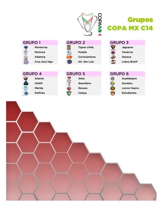 COPA MX C14
GRUPO 1

GRUPO 2

GRUPO 3

Monterrey

Tigres UANL

Jaguares

Pachuca

Puebla

Veracruz

Altamira

Correcaminos

Oaxaca

Cruz Azul Hgo.

Atl. San Luis

Lobos BUAP

GRUPO 4

GRUPO 5

GRUPO 6

Atlante

Atlas

Guadalajara

UNAM

Querétaro

Dorados

Mérida

Necaxa

Leones Negros

Delfines

Celaya

Estudiantes

 