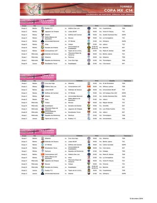 Llave 2 Vuelta

18, 19 y 20 de febrero
Fase de Clasificación

Local

Visitante

Hora

Grupo

Día

Grupo 2

Martes

Puebla, F.C.

vs.

Atlético San Luis

19:00

hrs. Cuauhtémoc

Estadio

TDN

Televisora

TVC

Grupo 3

Martes

Jaguares de Chiapas

vs.

Lobos BUAP

19:00

hrs. Víctor M. Reyna

Grupo 4

Martes

Atlante

vs.

Delfines del Carmen

19:00

hrs. Andrés Quintana Roo

ESPN

Grupo 5

Martes

Gallos Blancos de
Querétaro

vs.

Necaxa

19:00

hrs. La Corregidora

TVC

Grupo 4

Martes

Universidad Nacional

vs.

CF Mérida

21:00

hrs. Olímpico

ESPN

Grupo 5

Martes

Atlas

vs.

Celaya

21:00

hrs. Jalisco

TVC

Grupo 6

Martes

Dorados de Sinaloa

vs.

Universidada de
Guadalajara

21:00 HC
20:00 HL

hrs. Banorte

SKY

Grupo 2

Martes

Correcaminos UAT

vs.

Tigres de la U.A.N.L.

21:00

hrs. Marte R. Gómez

TDN

Grupo 3

Miércoles

Alebrijes de Oaxaca

vs.

Tiburones Rojos de
Veracruz

19:00

hrs. Benito Juárez

TVC

Grupo 1

Miércoles

Altamira

vs.

Pachuca

19:00

hrs. Altamira

TDN

Grupo 1

Miércoles

Rayados de Monterrey

vs.

Cruz Azul Hgo.

21:00

hrs. Tecnológico

TDN

Grupo 6

Jueves

Estudiantes Tecos

vs.

Guadalajara

21:00

hrs. 3 de marzo

SKY

Llave 3 Ida

25, 26 y 27 de febrero
Fase de Clasificación

Local

Visitante

Hora

Grupo

Día

Grupo 1

Martes

Cruz Azul Hgo.

vs.

Altamira

15:00

hrs. 10 de Diciembre

Estadio

TDN

Televisora

Grupo 2

Martes

Atlético San Luis

vs.

Correcaminos UAT

19:00

hrs. Alfonso Lastras

TDN

Grupo 3

Martes

Lobos BUAP

vs.

Alebrijes de Oaxaca

19:00

hrs. Universitario BUAP

TVC

Grupo 4

Martes

Delfines del Carmen

vs.

CF Mérida

19:00

hrs. UD Campus Dos UAC

ESPN

Grupo 4

Martes

Atlante

vs.

Universidad Nacional

21:00

hrs. Andrés Quintana Roo

ESPN

Grupo 5

Martes

Atlas

vs.

Gallos Blancos de
Querétaro

21:00

hrs. Jalisco

TVC
TVC

Grupo 5

Miércoles

Celaya

vs.

Necaxa

19:00

hrs. Miguel Alemán

Grupo 6

Miércoles

Guadalajara

vs.

Dorados de Sinaloa

19:00

hrs. Omnilife

SKY

Grupo 3

Miércoles

vs.

Jaguares de Chiapas

21:00

hrs. Luis Pírata Fuente

TVC

Grupo 6

Miércoles

Grupo 1

Miércoles

Grupo 2

Jueves

Tiburones Rojos de
Veracruz
Universidada de
Guadalajara

vs.

Estudiantes Tecos

21:00

hrs. Jalisco

SKY

Rayados de Monterrey

vs.

Pachuca

21:00

hrs. Tecnológico

TDN

Tigres de la U.A.N.L.

vs.

Puebla, F.C.

21:00

hrs. Universitario

TDN

Llave 3 Vuelta

11, 12 y 13 de marzo
Fase de Clasificación

Local

Visitante

Hora

Grupo

Día

Grupo 1

Martes

Altamira

vs.

Cruz Azul Hgo.

19:00

hrs. Altamira

Estadio

TDN

Televisora

TVC

Grupo 3

Martes

Alebrijes de Oaxaca

vs.

Lobos BUAP

19:00

hrs. Benito Juárez

Grupo 4

Martes

CF Mérida

vs.

Delfines del Carmen

19:00

hrs. Carlos Iturralde

ESPN

Grupo 6

Martes

Estudiantes Tecos

vs.

Universidada de
Guadalajara

19:00

hrs. 3 de marzo

SKY

Grupo 1

Martes

Pachuca

vs.

Rayados de Monterrey

21:00

hrs. Hidalgo

TDN

Grupo 2

Martes

Correcaminos UAT

vs.

Atlético San Luis

21:00

hrs. Marte R. Gómez

TDN

Grupo 5

Martes

Gallos Blancos de
Querétaro

vs.

Atlas

21:00

hrs. La Corregidora

TVC

Grupo 3

Miércoles

Jaguares de Chiapas

vs.

Tiburones Rojos de
Veracruz

19:00

hrs. Víctor M. Reyna

TVC

Grupo 5

Miércoles

Necaxa

vs.

Celaya

19:00

hrs. Victoria

TVC

Grupo 6

Miércoles

Dorados de Sinaloa

vs.

Guadalajara

21:00 HC
20:00 HL

hrs. Banorte

SKY

Grupo 2

Jueves

Puebla, F.C.

vs.

Tigres de la U.A.N.L.

19:00

hrs. Cuauhtémoc

TDN

Grupo 4

Jueves

Universidad Nacional

vs.

Atlante

21:00

hrs. Olímpico

ESPN

13 de enero 2014

 