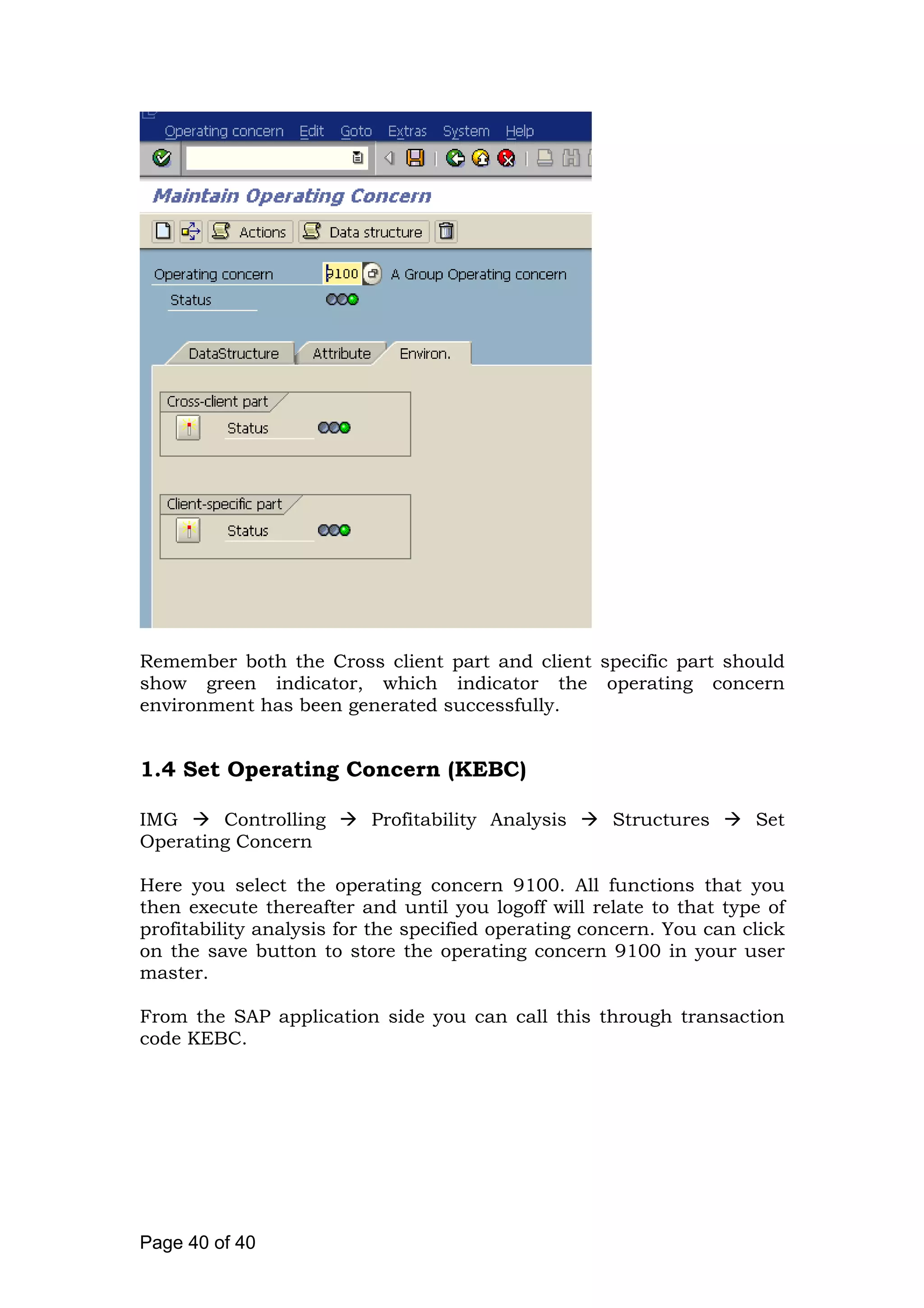 Remember both the Cross client part and client specific part should
show green indicator, which indicator the operating concern
environment has been generated successfully.
1.4 Set Operating Concern (KEBC)
IMG Controlling Profitability Analysis Structures Set
Operating Concern
Here you select the operating concern 9100. All functions that you
then execute thereafter and until you logoff will relate to that type of
profitability analysis for the specified operating concern. You can click
on the save button to store the operating concern 9100 in your user
master.
From the SAP application side you can call this through transaction
code KEBC.
Page 40 of 40
 