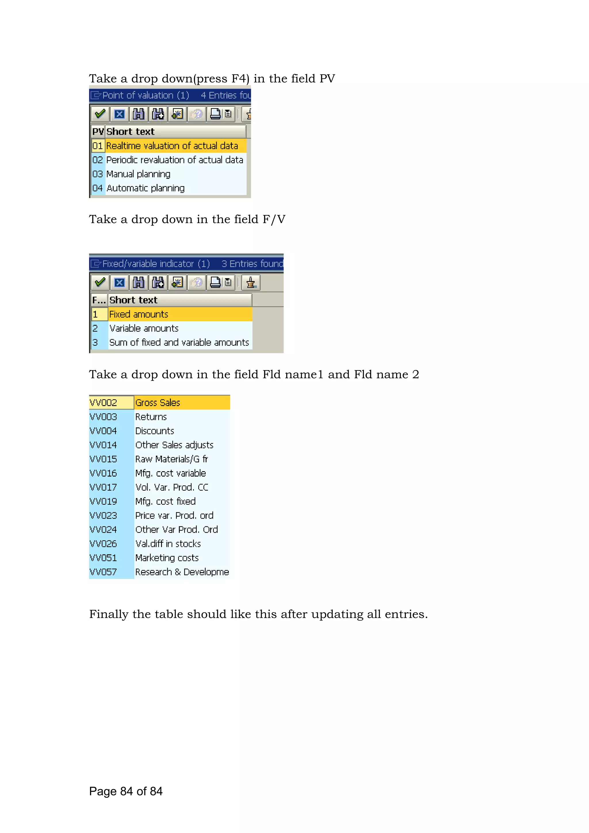 Take a drop down(press F4) in the field PV
Take a drop down in the field F/V
Take a drop down in the field Fld name1 and Fld name 2
Finally the table should like this after updating all entries.
Page 84 of 84
 
