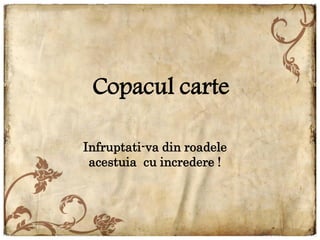 Copacul carte

Infruptati-va din roadele
 acestuia cu incredere !
 