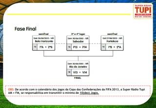 OBS: De acordo com o calendário dos jogos da Copa das Confederações da FIFA 2013, a Super Rádio Tupi
AM + FM, se responsabiliza em transmitir o mínimo de 10(dez) Jogos.
 