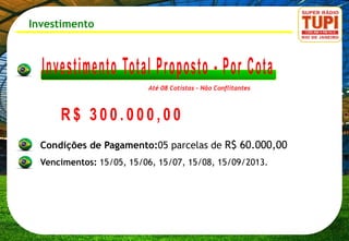 Investimento




                          Até 08 Cotistas – Não Conflitantes




  Condições de Pagamento:05 parcelas de R$ 60.000,00
  Vencimentos: 15/05, 15/06, 15/07, 15/08, 15/09/2013.
 