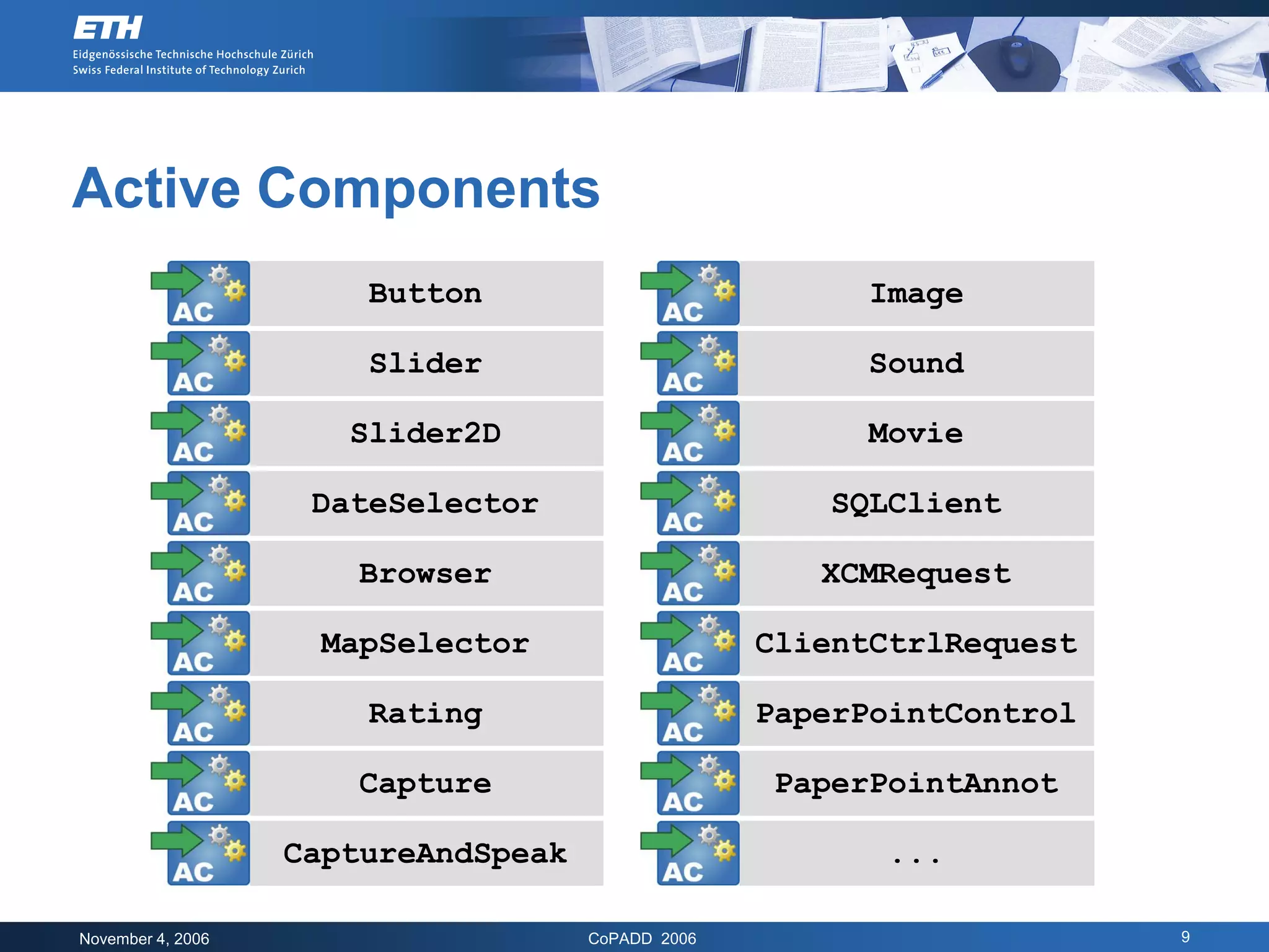 Active Components
                       Button                            Image

                       Slider                           Sound

                      Slider2D                          Movie

                    DateSelector                      SQLClient

                      Browser                         XCMRequest

                    MapSelector                    ClientCtrlRequest

                       Rating                      PaperPointControl

                      Capture                      PaperPointAnnot

                   CaptureAndSpeak                        ...

November 4, 2006                     CoPADD 2006                       9
 