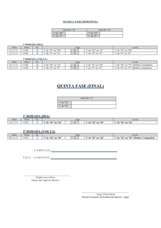 QUARTA FASE (SEMI-FINAL)
GRUPO “Q” GRUPO “R”
1º de “M” 1º de “O”
1º de “N” 1º de “P”
1ª RODADA (IDA)
Data Hora Gr. Jogo Local
15.11.15 15:00 Q 1º de “N” ou “M” X 1º de “M” ou “N” 1º de “N” ou “M”
15.11.15 15:00 R 1º de “P” ou “O” X 1º de “O” ou “P” 1º de “P” ou “O”
2ª RODADA (VOLTA)
Data Hora Gr. Jogo Local
22.11.15 15:00 Q 1º de “M” ou “N” X 1º de “N” ou “M” 1º de “M” ou “N” (Melhor Campanha)
22.11.15 15:00 R 1º de “O” ou “P” X 1º de “P” ou “O” 1º de “O” ou “P” (Melhor Campanha)
QUINTA FASE (FINAL)
GRUPO “S”
1º de “Q”
1º de “R”
1ª RODADA (IDA)
Data Hora Gr. Jogo Local
29.11.15 15:00 S 1º de “R” ou “Q” X 1º de “Q” ou “R” 1º de “R” ou “Q”
2ª RODADA (VOLTA)
Data Hora Gr. Jogo Local
06.12.15 15:00 S 1º de “Q” ou “R” X 1º de “R” ou “Q” 1º de “Q” ou “R” (Melhor Campanha)
C A M P E Ã O: ___________________________________
V I C E - C A M P E Ã O: ___________________________________
______________________________________
Waldir Lins e Silva
Gestor das Ligas do Interior
______________________________________
Jorge Vieira Júnior
Diretor Executivo de Futebol do Interior - Ligas
 
