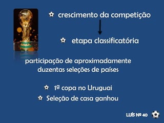 1ª copa no Uruguai
Seleção de casa ganhou
crescimento da competição
etapa classificatória
participação de aproximadamente
duzentas seleções de países
 