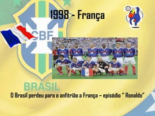 1998 - França
O Brasil perdeu para o anfitrião a França – episódio “ Ronaldo”
 