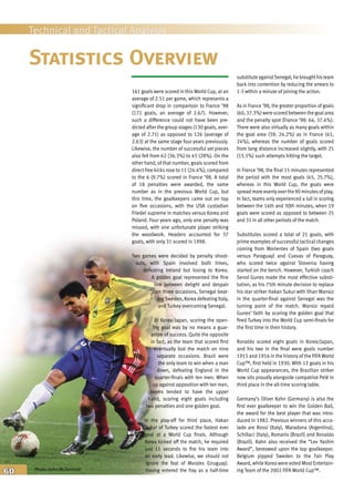 60
Technical and Tactical Analysis
Statistics Overview
161 goals were scored in this World Cup, at an
average of 2.51 per game, which represents a
significant drop in comparison to France ’98
(171 goals, an average of 2.67). However,
such a difference could not have been pre-
dicted after the group stages (130 goals, aver-
age of 2.71) as opposed to 126 (average of
2.63) at the same stage four years previously.
Likewise, the number of successful set pieces
also fell from 62 (36.3%) to 45 (28%). On the
other hand, of that number, goals scored from
direct free kicks rose to 11 (24.4%), compared
to the 6 (9.7%) scored in France ’98. A total
of 18 penalties were awarded, the same
number as in the previous World Cup, but
this time, the goalkeepers came out on top
on five occasions, with the USA custodian
Friedel supreme in matches versus Korea and
Poland. Four years ago, only one penalty was
missed, with one unfortunate player striking
the woodwork. Headers accounted for 37
goals, with only 31 scored in 1998.
Two games were decided by penalty shoot-
outs, with Spain involved both times,
defeating Ireland but losing to Korea.
A golden goal represented the fine
line between delight and despair
on three occasions, Senegal beat-
ing Sweden, Korea defeating Italy,
and Turkey overcoming Senegal.
In Korea/Japan, scoring the open-
ing goal was by no means a guar-
antee of success. Quite the opposite
in fact, as the team that scored first
eventually lost the match on nine
separate occasions. Brazil were
the only team to win when a man
down, defeating England in the
quarter-finals with ten men. When
up against opposition with ten men,
teams tended to have the upper
hand, scoring eight goals including
two penalties and one golden goal.
In the play-off for third place, Hakan
Sukur of Turkey scored the fastest ever
goal at a World Cup finals. Although
Korea kicked off the match, he required
just 11 seconds to fire his team into
an early lead. Likewise, we should not
ignore the feat of Morales (Uruguay).
Having entered the fray as a half-time
substitute againstSenegal, he broughthisteam
back into contention by reducing the arrears to
1-3 within a minute of joining the action.
As in France ’98, the greater proportion of goals
(60, 37.3%) were scored between the goalarea
and the penalty spot (France ’98: 64, 37.4%).
There were also virtually as many goals within
the goal area (39, 24.2%) as in France (41,
24%), whereas the number of goals scored
from long distance increased slightly, with 25
(15.5%) such attempts hitting the target.
In France ’98, the final 15 minutes represented
the period with the most goals (45, 25.7%),
whereas in this World Cup, the goals were
spread more evenly over the 90 minutes of play.
In fact, teams only experienced a lull in scoring
between the 16th and 30th minutes, when 19
goals were scored as opposed to between 25
and 31 in all other periods of the match.
Substitutes scored a total of 21 goals, with
prime examples of successful tactical changes
coming from Morientes of Spain (two goals
versus Paraguay) and Cuevas of Paraguay,
who scored twice against Slovenia having
started on the bench. However, Turkish coach
Senol Gunes made the most effective substi-
tution, as his 75th minute decision to replace
his star striker Hakan Sukur with Ilhan Mansiz
in the quarter-final against Senegal was the
turning point of the match. Mansiz repaid
Gunes’ faith by scoring the golden goal that
fired Turkey into the World Cup semi-finals for
the first time in their history.
Ronaldo scored eight goals in Korea/Japan,
and his two in the final were goals number
1915 and 1916 in the history of the FIFA World
Cup™, first held in 1930. With 12 goals in his
World Cup appearances, the Brazilian striker
now sits proudly alongside compatriot Pelé in
third place in the all-time scoring table.
Germany’s Oliver Kahn (Germany) is also the
first ever goalkeeper to win the Golden Ball,
the award for the best player that was intro-
duced in 1982. Previous winners of this acco-
lade are Rossi (Italy), Maradona (Argentina),
Schillaci (Italy), Romario (Brazil) and Ronaldo
(Brazil). Kahn also received the “Lev Yashin
Award”, bestowed upon the top goalkeeper.
Belgium pipped Sweden to the Fair Play
Award, while Korea were voted Most Entertain-
ing Team of the 2002 FIFA World Cup™.Photo: John McDermott
 