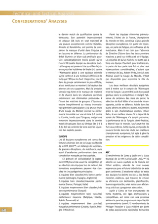 68
Technical and Tactical Analysis
le dernier match de qualification contre le
Venezuela. Son potentiel impressionnant
en attaque (18 buts en sept matches) et
ses joueurs exceptionnels comme Ronaldo,
Rivaldo et Ronaldinho, ont permis de com-
penser le manque d’unité dans l’équipe et
les lacunes en défense. La performance du
Brésil illumine un bilan sud-américain pour-
tant considérablement moins positif qu’en
France 98 (quatre équipes au deuxième tour).
Le Paraguay est parvenu à se qualifier de jus-
tesse pour les huitièmes de finale (0-1 contre
l’Allemagne) grâce à une tactique orientée
sur le contre et à une meilleure différence de
buts que l’Afrique du Sud. L’Argentine, placée
dans le groupe certainement le plus difficile,
a tout tenté pour se montrer à la hauteur des
attentes de ses supporters. Mais la pression
sembla trop forte et le manque de réalisme
et de chance dans les situations décisives
entraînèrent son élimination prématurée à
l’issue des matches de groupes. L’Equateur,
encore inexpérimenté au niveau internatio-
nal (première participation à la phase finale
d’une Coupe du Monde) conclut sa perfor-
mance honorable sur une victoire 1-0 contre
la Croatie, tandis que l’Uruguay, malgré une
remontée impressionnante dans le dernier
match de groupes face au Sénégal (de 0-3 à
3-3), doit se contenter de vivre avec les souve-
nirs des exploits passés.
EUROPE
Les 15 équipes européennes ont connu des
fortunes diverses lors de la Coupe du Monde
de la FIFA 2002™: un mélange de surprises,
de grandes déceptions, de malchance, mais
aussi d’excellentes performances dans une
compétition marquée par les surprises.
En prenant en considération le classe-
ment FIFA/Coca-Cola avant la compétition et
les résultats des équipes lors de celle-ci, les
formations européennes peuvent être clas-
sées en cinq catégories principales:
1. équipes bien classées/très bonne perfor-
mance (Allemagne, Espagne, Angleterre)
2. équipes bien classées/mauvaise perfor-
mance (France, Portugal, Italie)
3. équipes moyennement bien classées/très
bonne performance (Turquie)
4. équipes moyennement bien classées/
performance moyenne (Belgique, Irlande,
Suède, Danemark) et
5. équipes moyennement bien placées/
mauvaise performance (Croatie, Russie, Polo-
gne et Slovénie).
Parmi les équipes éliminées prématu-
rément, l’échec de la France, championne
du monde en titre, constitua la plus grande
déception européenne. En quête de répon-
ses, on parla de fatigue, de suffisance et de
malchance. Mais il est clair que l’absence
de Zinedine Zidane dans les deux premiers
matches a pesé sur l’efficacité de l’équipe.
Le proverbe dit qu’un homme ne suffit pas à
faire une équipe. Pourtant, pour les Français,
la perte de leur perle rare fut un choc aux
répercussions considérables, d’autant que
le meneur de jeu, Robert Pirès, blessé avec
Arsenal avant la Coupe du Monde, n’était
pas disponible pour reprendre le rôle du
meneur.
Les deux meilleurs résultats européens
sont à mettre sur le compte de l’Allemagne
et de la Turquie. La première jouit d’un passé
glorieux dans la compétition et malgré l’ab-
sence de certaines des stars du passé, la
sélection de Rudi Völler s’est montrée intran-
sigeante, solide en défense, habile dans les
duels aériens et difficile à battre, notamment
grâce à son charismatique gardien, Oliver
Kahn, à son meilleur niveau. Si la capacité de
survie de l’Allemagne n’a surpris personne,
la performance de la Turquie, demi-finaliste,
a étonné tout le monde, sauf peut-être les
Turcs eux-mêmes. Cette équipe, composée de
joueurs formés dans les clubs des meilleurs
championnats européens, fut apte à gérer la
pression et les exigences de cette compéti-
tion.
AFC
El rendimiento de Corea y Japón en la Copa
Mundial de la FIFA Corea/Japón 2002™ ha
abierto un nuevo capítulo en la historia del
fútbol asiático, además de crear nuevas
esperanzas para el futuro futbolístico de este
gran continente. El excelente trabajo de estos
dos equipos ha abierto los ojos a las demás
naciones asiáticas, que tratarán de emular
su eficiencia con dedicación, planificación,
buena organización, unas estructuras eficien-
tes y prácticas y programas adecuados.
Japón y Corea se han estructurado de
forma moderna, con ligas profesionales y
competitivas, así como con una generosa
asistencia para los programas de capacitación
y entrenamiento juvenil. El nombramiento de
Philippe Troussier y Guus Hiddink por parte
de estas asociaciones nacionales demuestra
Confederations’ Analysis
 