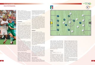 4646
Overall Analysis
4747
Spanien – Frankreich 1:3 (1:1)
Spanien, das in der Gruppenphase überzeugt
hatte, behielt auch bis Mitte der ersten Halb-
zeit ein Übergewicht, was in der 28. Minute
zum 1:0 führte. Frankreich glich noch vor der
Halbzeitpause aus. In der zweiten Halbzeit
waren die Franzosen vor allem dank ihrer
erfahrenen Mittelfeldspieler die spielbestim-
mende Mannschaft. Zwei Tore in den letzten
zehn Minuten sicherten ihnen den Sieg und
das Vordringen in das Viertelﬁnale.
Viertelﬁnale
Deutschland – Argentinien 1:1 n.V. (1:1, 0:0),
4:2 i.E.
In einem von vielen Zweikämpfen und we-
nigen Torraumszenen geprägten Spiel wirkte
Argentinien abgeklärter und kombinations-
sicherer. Nach dem Führungstor in der 49.
Minute verlegte sich Argentinien darauf, das
Spieltempo zu kontrollieren und den Vor-
sprung zu verwalten. Die Deutschen kamen
in der Endphase zurück ins Spiel und erzielten
in der 80. Minute den Ausgleich. Da trotz der
Bemühungen beider Mannschaften keine
weiteren Tore ﬁelen und auch die Verlänge-
rung torlos blieb, musste das fällige Elfme-
terschiessen die Entscheidung bringen. Die
Deutschen verwandelten ihre Elfmeter sicher,
während Argentinien zweimal am deutschen
Torhüter scheiterte und so aus dem Turnier
ausschied.
Italien – Ukraine 3:0 (1:0)
Mit einem überzeugenden 3:0 qualiﬁzierten
sich die Italiener für das Halbﬁnale. Das frühe
Führungstor gab ihrem Spiel Sicherheit und
bestimmte ihren Spielrhythmus. Die Ukraine
war sichtlich bemüht, konnte die Italiener
aber selten in Verlegenheit bringen. Einige
Torchancen wurden vom ausgezeichneten
italienischen Torhüter zunichte gemacht. Als
die Italiener dann Mitte der zweiten Halbzeit
mit zwei Toren davonzogen, stand der ver-
diente Sieger dieses Spieles fest.
Brasilien – Frankreich 0:1 (0:0)
Gegen den amtierenden Weltmeister über-
zeugten die Franzosen mit mannschaftlicher
Geschlossenheit und taktischer Disziplin.
Trotz eines grösseren Anteils am Ballbesitz
gelang es den Brasilianern nicht, die franzö-
sische Abwehr in Verlegenheit zu bringen.
Dagegen wurden die Kreativkräfte im Mit-
telfeld der Franzosen zu den spielbestim-
menden Faktoren. Nach dem 1:0 Frankreichs
in der 57. Minute versuchte Brasilien durch
die Einwechslung von zwei Stürmern für zwei
Mittelfeldspieler dem Spiel eine Wende zu ge-
ben. Die zweikampfstarken Franzosen liessen
sich aber nicht mehr überraschen und zogen
verdient ins Halbﬁnale ein.
England – Portugal 0:0 n.V., 1:3 i.E.
In einem über 120 Minuten von beiden Seiten
verbissen geführten Kampf gelang es keiner
Mannschaft, den entscheidenden Treffer zu er-
zielen. Besonders die Engländer überzeugten
mit grossem Kampfgeist und hoher Laufbereit-
schaft. Portugal hatte mehr Spielanteile, vor
allem nach dem Platzverweis eines Engländers
in der 62. Minute. Dennoch fanden die Portu-
giesen keine Mittel, die kompakte und sicher
stehende Defensive Englands zu überwinden.
Im entscheidenden Elfmeterschiessen bewie-
sen die Portugiesen die grössere Nervenstärke.
Mit drei gehaltenen Elfmetern avancierte ihr
Torhüter zum Spielgewinner.
Halbﬁnale
Deutschland – Italien 0:2 n.V. (0:0)
In einem hochklassigen und zum Ende drama-
tischen Spiel unterlag Gastgeber Deutschland
den starken Italienern in der letzten Phase der
Verlängerung. Beide Mannschaften waren
extrem gut geordnet und forderten einan-
der bis zum Letzten. Packende Zweikämpfe
und ein trotz grosser Hitze hohes Spieltempo
waren zusätzliche herausragende Merkmale
dieser Partie. Die Verlängerung bot einen of-
fenen Schlagabtausch. Italien wechselte zwei
zusätzliche Offensivspieler ein. Als sich alle
schon auf das Elfmeterschiessen eingestellt
hatten, entschied Italien das Spiel mit zwei
sehr späten Toren.
Portugal – Frankreich 0:1 (0:1)
In einem Spiel mit wenigen Höhepunkten
blieben klare Torchancen Mangelware. Beide
Teams neutralisierten einander im Mittelfeld.
Portugal hatte zwar mehr Ballbesitz, konnte
die kompakte französische Abwehr letztlich
aber nie in Verlegenheit bringen. Die Franzo-
sen hatten das Spiel jederzeit unter Kontrol-
le. Das Elfmetertor Frankreichs zum 1:0 blieb
somit das einzige Tor, und irgendwie war es
nicht verwunderlich, dass die Entscheidung des
Spiels auf diese Art und Weise zustande kam.
Spiel um Platz 3
Deutschland – Portugal 3:1 (0:0)
Das Spiel um Platz 3 war von grossem Unter-
haltungswert geprägt. Obwohl beide Mann-
schaften gegenüber den Halbﬁnalpartien
mehrere personelle Veränderungen vorge-
nommen hatten, entwickelte sich ein gutes,
in der ersten Halbzeit ausgeglichenes Spiel. In
der zweiten Hälfte kam Deutschland besser
ins Spiel und vermochte die optische Über-
legenheit in Torerfolge umzusetzen. Durch
diesen verdienten Sieg erreichte die deutsche
Mannschaft bei dieser Weltmeisterschaft den
beachtenswerten 3. Platz.
Endspiel
Italien – Frankreich 1:1 n.V. (1:1, 1:1),
5:3 i.E.
Frankreich ging bereits früh mit 1:0 in Füh-
rung. Malouda (7) nutzte einen Abstim-
mungsfehler in der italienischen Abwehr
zum Durchbruch. Nach einem Körperkon-
takt mit Materazzi (23) kam er im Strafraum
zu Fall. Der folgende Strafstoss wurde von
Zidane (10) verwandelt. Nachdem Italien
in der 19. Minute durch Materazzi im An-
schluss an einen von Pirlo (21) getretenen
Eckball zum Ausgleich gekommen war, kon-
solidierten sich beide Abwehrreihen. Sowohl
Italien als auch Frankreich setzte auf einen
kompakten Abwehrblock, der meist aus sie-
ben oder acht Spielern bestand. Da sich auf
der anderen Seite oft nur drei bis vier Spieler
am Angriffsspiel beteiligten, wurde das Spiel
praktisch von der Defensive bestimmt. Das
Aufbauspiel bestand oft aus sicheren Passfol-
gen. Pässe in die Spitze verﬁngen sich in den
vielbeinigen Abwehrreihen. Gelegentliche
Einzelaktionen wie von Henry (12) begannen
viel versprechend, verliefen aber aus Mangel
an Unterstützung ergebnislos. Die meisten
Torszenen ergaben sich aus Standardsitua-
tionen. Bis zum regulären Spielende ﬁelen
keine weiteren Tore. In der 104. Minute hielt
Buffon (1) mit einer phantastischen Parade
einen Kopfball von Zidane und rettete so das
Unentschieden.
Das anschliessende Elfmeterschiessen konnte
Italien mit 5:3 für sich entscheiden und sich
damit den vierten Weltmeistertitel seiner Ge-
schichte sichern.
Story of the Championship
1 16
19
3
23
5
16
20
21
8
10
9
3
19
15
5
10
22
4
6
12
7
 