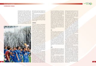 6666
Overall Analysis
6767
Zentralamerikaner hatten acht Spieler in ih-
rem Kader, die auch vor vier Jahren mit dabei
gewesen waren und damit über die notwen-
dige Erfahrung verfügten. Mit Alex Guima-
raes wurde zudem derselbe Coach wieder
verpﬂichtet. Trotz Einsatzbereitschaft und
Teamgeist gingen jedoch alle drei Spiele ver-
loren. Die USA hatten Spieler in ihrem Kader,
die bei renommierten europäischen Klubs
und Vereinen der Major League Soccer (MLS)
unter Vertrag stehen. Als Qualiﬁkations-
sieger der CONCACAF kamen die USA mit
Ambitionen auf ein gutes Abschneiden nach
Deutschland. Die Niederlage im ersten Spiel
gegen die Tschechische Republik erwies sich
jedoch bereits als sehr grosse Hypothek. Die
gute Leistung gegen Italien genügte nicht,
um das Rad noch in die richtige Richtung zu
drehen.
Trinidad und Tobago überraschte bei seinem
ersten Auftritt auf der internationalen Fuss-
ballbühne. Mit einer soliden Defensive, einer
klugen, auf die Stärken der Spieler ausgerich-
teten Taktik sowie einem hervorragenden Tor-
hüter musste gegen Schweden und England
während 170 Minuten kein Gegentor hinge-
nommen werden.
CONMEBOL
Obwohl die angestrebte Titelverteidigung
nicht realisiert werden konnte, fällt die Ge-
samtbilanz der südamerikanischen Mann-
schaften besser aus als vor vier Jahren. Da-
mals gab es neben Brasilien kein Team, das
sich weiter als für das Achtelﬁnale qualiﬁzie-
ren konnte. In Deutschland kamen immerhin
Brasilien und Argentinien ins Viertelﬁnale,
und Ecuador erreichte das Achtelﬁnale.
Trotzdem enttäuscht die Tatsache, dass kein
südamerikanisches Team das Halbﬁnale er-
reichte, umso mehr als Argentinien und Bra-
silien zu den meistgenannten Titelanwärtern
gehörten. Paraguay baute sein System auf
einer soliden Abwehr auf, die gegen England
und Schweden nur je einen Gegentreffer
hinnehmen musste. Da sich aber die Offen-
sive wenig efﬁzient zeigte, blieb man in den
beiden Partien ohne Punktgewinn. Der Sieg
im letzten Gruppenspiel gegen Trinidad und
Tobago reichte für ein Weiterkommen nicht.
Ecuadors Qualiﬁkation für die zweite Run-
de gegen Polen und Costa Rica war eine
positive Überraschung. Gegen beide Teams
zeigten die Südamerikaner überzeugende
Leistungen, und die erzielten Erfolge waren
absolut verdient. Auch im Achtelﬁnale gegen
England war Ecuador nicht chancenlos. Da
gute Möglichkeiten aber ungenutzt blieben,
ging man im Endeffekt leer aus.
Argentinien überzeugte in den Gruppenspie-
len mit zwei Siegen und einem Unentschie-
den, wobei vor allem der Triumph gegen
Serbien und Montenegro (6:0) in Erinnerung
bleibt. Das Achtelﬁnale gegen Mexiko stand
auf des Messers Schneide. Beide Teams waren
dem Sieg nahe, jedoch war es Argentinien,
das durch einen Kunstschuss in der Verlänge-
rung das Spiel zu seinen Gunsten entschei-
den konnte. In der Partie gegen Gastgeber
Deutschland war man aufgrund der Verlet-
zung des Torhüters zu unvorhergesehenen
Wechseln gezwungen. Nachdem Argentinien
kurz nach der Halbzeitpause in Führung ge-
gangen war, gelang Deutschland rund zehn
Minuten vor Ende der regulären Spielzeit der
Ausgleich. Nach der torlosen Verlängerung
verlor Argentinien das Elfmeterschiessen und
musste sich vom Turnier verabschieden.
Brasilien konnte die hohen Erwartungen nicht
erfüllen. Trotz der zum Teil klaren Siege in den
Gruppenspielen und im Achtelﬁnale konnten
die Südamerikaner nicht an die begeisternden
Leistungen des FIFA Konföderationen-Pokals
Deutschland 2005 anknüpfen. Im Viertelﬁna-
le gegen Frankreich versuchte man mit einer
veränderten Taktik zum Erfolg zu kommen.
Nachdem die Franzosen nach etwa einer
Stunde mit 1:0 in Führung gegangen waren,
konnte dieses Ergebnis in der Folgezeit nicht
mehr korrigiert werden. Somit war der Titel-
verteidiger unerwartet früh aus dem Turnier
ausgeschieden.
OFC
Erstmals seit 1982 war Ozeanien wieder an
einer FIFA-Weltmeisterschaft vertreten. Aus-
tralien, das sich 1974 das letzte Mal qualiﬁ-
ziert hatte, ist seit dem 1. Januar 2006 Mit-
glied der asiatischen Konföderation, bestritt
aber die Qualiﬁkationsphase noch innerhalb
der Ozeanischen Fussballkonföderation und
konnte sich in Hin- und Rückspielen gegen
den fünften der Südamerika-Ausscheidung,
Uruguay, im Elfmeterschiessen durchsetzen.
Die Mannschaft zeigte einen gut organisier-
ten und vorwärts orientierten Fussball mit
hoher Einsatzbereitschaft und viel Teamgeist.
Mit etwas Glück wäre sogar mehr als nur die
Qualiﬁkation für das Achtelﬁnale drin gele-
gen.
UEFA
Erstmals seit 1982 konnten sich wieder vier
europäische Mannschaften für das Halbﬁnale
einer FIFA Fussball-Weltmeisterschaft™ qua-
liﬁzieren. Frankreich, Italien und Deutschland
waren bereits zu Titelehren gekommen, wäh-
rend Portugal 40 Jahre warten musste, bis es
sich wieder für ein WM-Halbﬁnale qualiﬁzie-
ren konnte.
Von den 14 qualiﬁzierten europäischen
Teams mussten vier (Tschechische Republik,
Polen, Serbien und Montenegro sowie Kroa-
tien) nach den Gruppenspielen die Heimreise
antreten. Serbien und Montenegro verlor al-
le drei Gruppenspiele, war aber lediglich im
Spiel gegen Argentinien wirklich chancenlos.
Die grossartig gestarteten, aber aufgrund von
Verletzungen beeinträchtigten Tschechen und
die ambitionierten Polen konnten nur eines
ihrer Gruppenspiele gewinnen, was nicht
zum Weiterkommen reichte. Kroatien, das
als eine von nur vier Mannschaften mit einer
Dreierabwehrkette agierte, spielte zweimal
Unentschieden und verlor mit dem knappsten
aller Resultate gegen Brasilien.
Im Achtelﬁnale schieden wiederum vier Eu-
ropäer aus: Schweden, die Niederlande, die
Schweiz und Spanien. Die beiden letztge-
nannten hegten als Gruppensieger grosse
Hoffnungen auf ein weiteres Vordringen.
Die Schweiz verlor jedoch gegen die Ukraine
nach torlosem Spiel und Elfmeterschiessen,
und Spanien gab einen 1:0-Vorsprung ge-
gen Frankreich aus der Hand und unterlag
schliesslich mit 1:3. Die gut organisierten
Schweden hatten gegen Deutschland ei-
nen frühen Platzverweis zu beklagen, lagen
jedoch zu diesem Zeitpunkt bereits mit 0:2
im Rückstand. Die mit ihrem begeisternden
Kombinations- und Angriffsfussball über die
Flügel überzeugenden Niederländer schliess-
lich verloren in einer von beiden Seiten hart
geführten Partie gegen Portugal.
Im Viertelﬁnale war es an der Ukraine und
an England, sich aus dem Turnier zu verab-
schieden. Der Auftritt der erstmals an einer
Finalrunde teilnehmenden Osteuropäer war
von Hochs und Tiefs geprägt. Ihre erste (ge-
gen Spanien) und ihre letzte Partie (gegen
Italien) gingen 4:0 respektive 3:0 verloren
– dazwischen wurden drei Spiele gewon-
nen, darunter das dramatische Achtelﬁnale
im Elfmeterschiessen gegen die Schweiz. Für
England war Portugal im Elfmeterschiessen
Endstation. Die Mannschaft schied aus, ohne
ein Spiel verloren zu haben.
Beide Halbﬁnalpartien waren hart umkämpft.
Italien gelangen die siegbringenden Tore ge-
gen Deutschland erst kurz vor Schluss der
Verlängerung, und Frankreich bezwang
Portugal durch einen in der ersten Halbzeit
verwandelten Foulelfmeter. Deutschland si-
cherte sich trotz verschiedener Umstellungen
dank einem überzeugenden 3:1-Sieg gegen
Portugal die Bronzemedaille. Mit diesem Er-
folg unterstrich der Gastgeber seine überzeu-
gende Turnierleistung. Italien und Frankreich
neutralisierten sich im Finale lange Zeit ge-
genseitig. Auch die beiden frühen Tore brach-
ten keine Lockerung. Es verwunderte daher
nicht, dass nach 120 Minuten noch kein
Sieger feststand. Italien behielt im Elfmeter-
schiessen knapp die Oberhand und gewann
damit nach 1934, 1938 und 1982 den vierten
Weltmeistertitel.
Confederations‘ Analysis
 