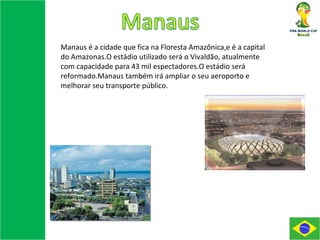Manaus é a cidade que fica na Floresta Amazônica,e é a capital do Amazonas.O estádio utilizado será o Vivaldão, atualmente com capacidade para 43 mil espectadores.O estádio será reformado.Manaus também irá ampliar o seu aeroporto e melhorar seu transporte público. 