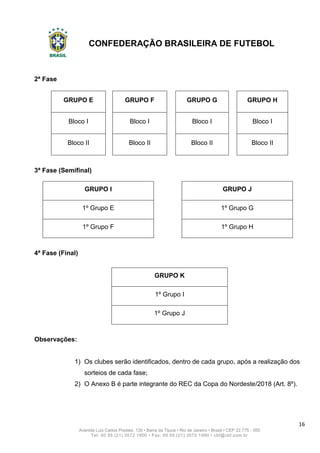 CONFEDERAÇÃO BRASILEIRA DE FUTEBOL
16
Avenida Luiz Carlos Prestes, 130 • Barra da Tijuca • Rio de Janeiro • Brasil • CEP 22.775 - 055
Tel: 00 55 (21) 3572 1900 • Fax: 00 55 (21) 3572 1990 • cbf@cbf.com.br
2ª Fase
GRUPO E GRUPO F GRUPO G GRUPO H
Bloco I Bloco I Bloco I Bloco I
Bloco II Bloco II Bloco II Bloco II
3ª Fase (Semifinal)
GRUPO I GRUPO J
1º Grupo E 1º Grupo G
1º Grupo F 1º Grupo H
4ª Fase (Final)
GRUPO K
1º Grupo I
1º Grupo J
Observações:
1) Os clubes serão identificados, dentro de cada grupo, após a realização dos
sorteios de cada fase;
2) O Anexo B é parte integrante do REC da Copa do Nordeste/2018 (Art. 8º).
 
