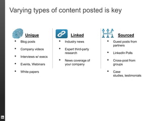 Varying types of content posted is key


        Unique                     Linked                  Sourced
 •   Blog post...