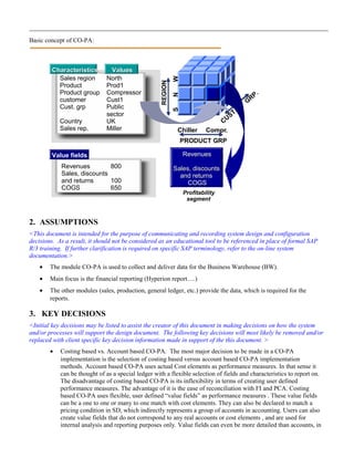 Basic concept of CO-PA:
2. ASSUMPTIONS
<This document is intended for the purpose of communicating and recording system design and configuration
decisions. As a result, it should not be considered as an educational tool to be referenced in place of formal SAP
R/3 training. If further clarification is required on specific SAP terminology, refer to the on-line system
documentation.>
• The module CO-PA is used to collect and deliver data for the Business Warehouse (BW).
• Main focus is the financial reporting (Hyperion report….)
• The other modules (sales, production, general ledger, etc.) provide the data, which is required for the
reports.
3. KEY DECISIONS
<Initial key decisions may be listed to assist the creator of this document in making decisions on how the system
and/or processes will support the design document. The following key decisions will most likely be removed and/or
replaced with client specific key decision information made in support of the this document. >
• Costing based vs. Account based CO-PA. The most major decision to be made in a CO-PA
implementation is the selection of costing based versus account based CO-PA implementation
methods. Account based CO-PA uses actual Cost elements as performance measures. In that sense it
can be thought of as a special ledger with a flexible selection of fields and characteristics to report on.
The disadvantage of costing based CO-PA is its inflexibility in terms of creating user defined
performance measures. The advantage of it is the ease of reconciliation with FI and PCA. Costing
based CO-PA uses flexible, user defined “value fields” as performance measures . These value fields
can be a one to one or many to one match with cost elements. They can also be declared to match a
pricing condition in SD, which indirectly represents a group of accounts in accounting. Users can also
create value fields that do not correspond to any real accounts or cost elements , and are used for
internal analysis and reporting purposes only. Value fields can even be more detailed than accounts, in
CUST.
G
RP.
Sales region North
Product Prod1
Product group Compressor
customer Cust1
Cust. grp Public
sector
Country UK
Sales rep. Miller
CharacteristicsCharacteristics
Revenues 800
Sales, discounts
and returns 100
COGS 650
Value fields RevenuesRevenues
Sales, discountsSales, discounts
and returnsand returns
COGSCOGS
Profitability
segment
ValuesValues
REGION
SNW
PRODUCT GRP
Compr.Chiller
 
