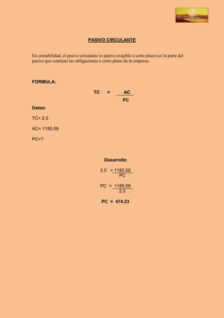 PASIVO CIRCULANTE


En contabilidad, el pasivo circulante (o pasivo exigible a corto plazo) es la parte del
pasivo que contiene las obligaciones a corto plazo de la empresa.



FORMULA:

                                   TC      =        AC
                                                    PC
Datos:

TC= 2.5

AC= 1185.59

PC=?



                                         Desarrollo

                                        2.5 = 1185.59
                                                PC

                                        PC = 1185.59
                                               2.5

                                        PC = 474.23
 