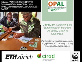 EglantineFAUVELLE,PatriceLEVANG,
EmmanuelNGOM,AnneDRAY,Ludovic
MIARO,DurrelNZENEHALLESON,Claude
GARCIA
CoPalCam : Exploring the
complexities of the Palm
Oil Supply Chain in
Cameroon.
Participatory modelling,stakeholder
engagement and capacity building
through role playing games
 