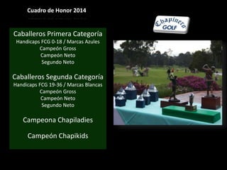 Cuadro de Honor 2014 
Caballeros Primera Categoría 
Handicaps FCG 0-18 / Marcas Azules 
Campeón Gross 
Campeón Neto 
Segundo Neto 
Caballeros Segunda Categoría 
Handicaps FCG 19-36 / Marcas Blancas 
Campeón Gross 
Campeón Neto 
Segundo Neto 
Campeona Chapiladies 
Campeón Chapikids 
 