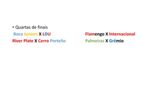 • Quartas de finais
Boca Juniors X LDU Flamengo X Internacional
River Plate X Cerro Porteño Palmeiras X Grêmio
 