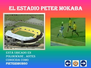 EL ESTADIO PETER MOKABA




Está ubicado en
Polokwane , antes
conocida como
Pietersburgo
 