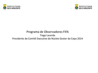 Programa de Observadores FIFA
                        Tiago Lacerda
Presidente do Comitê Executivo do Núcleo Gestor da Copa 2014
 